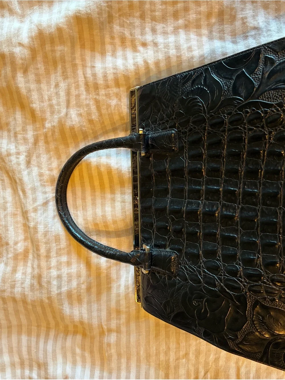 Ann Taylor Black Embossed leather Croc-Pattern Satchel